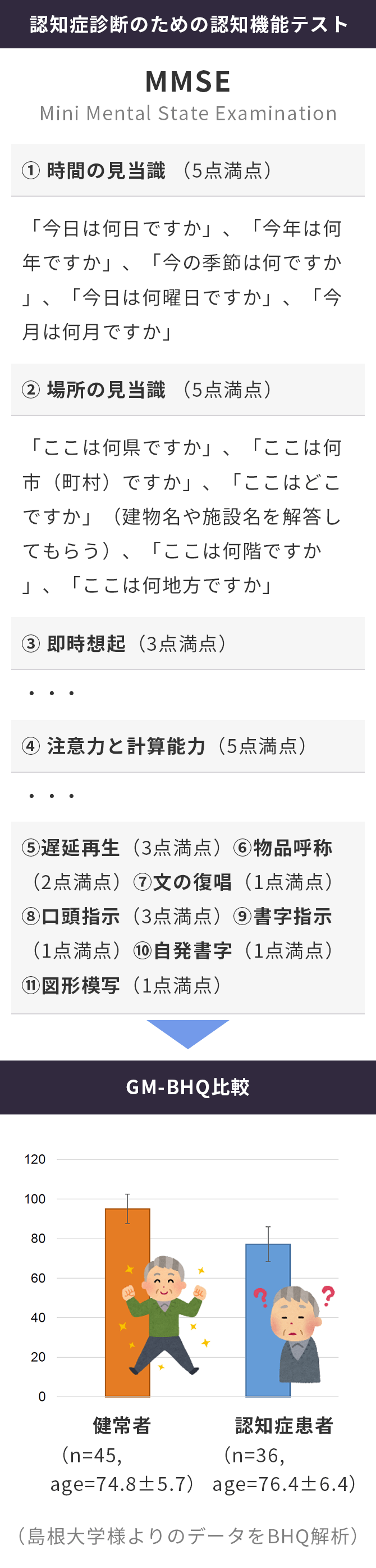 認知症診断のための認知機能テスト内容とGM-BHQ比較の比較図