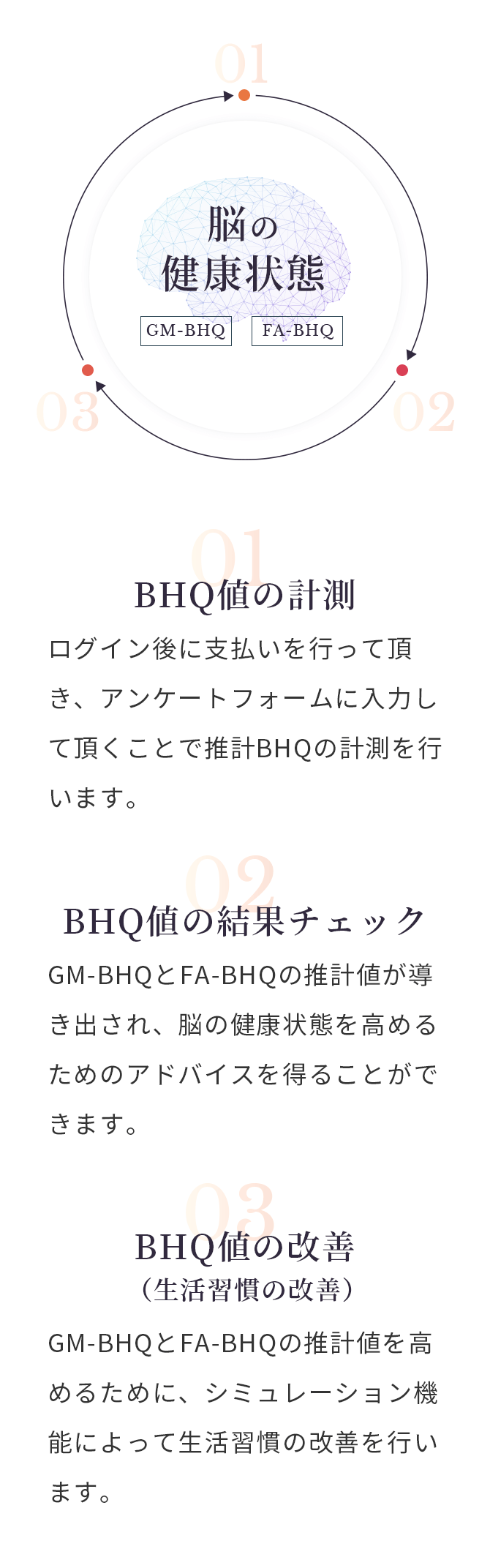 計測の流れの図　01：BHQ値の計測、02：BHQ値の結果チェック、03：BHQ値の改善（生活習慣の改善）